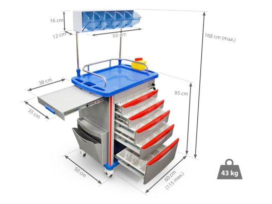 Trolley with 5 drawers, shelves and accessories