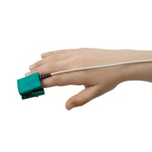 A pediatric finger clip SpO2 sensor attached to a patient's finger, with an cables connecting to the sensor.