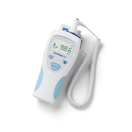 A white Welch Allyn SureTemp Plus thermometer with a digital display and a flexible probe cable.