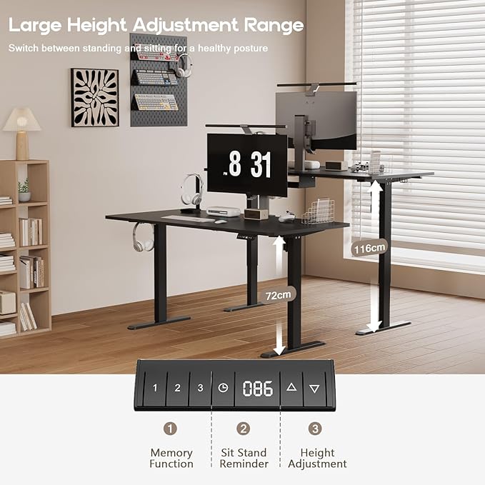 Electric Standing Desk 160x80cm with USB Charging Sit Stand Reminder Height Adjustable Desk, Stand Up Home Office Desk with 3 Memory Functions and Hook, Cable Management Tray, Black