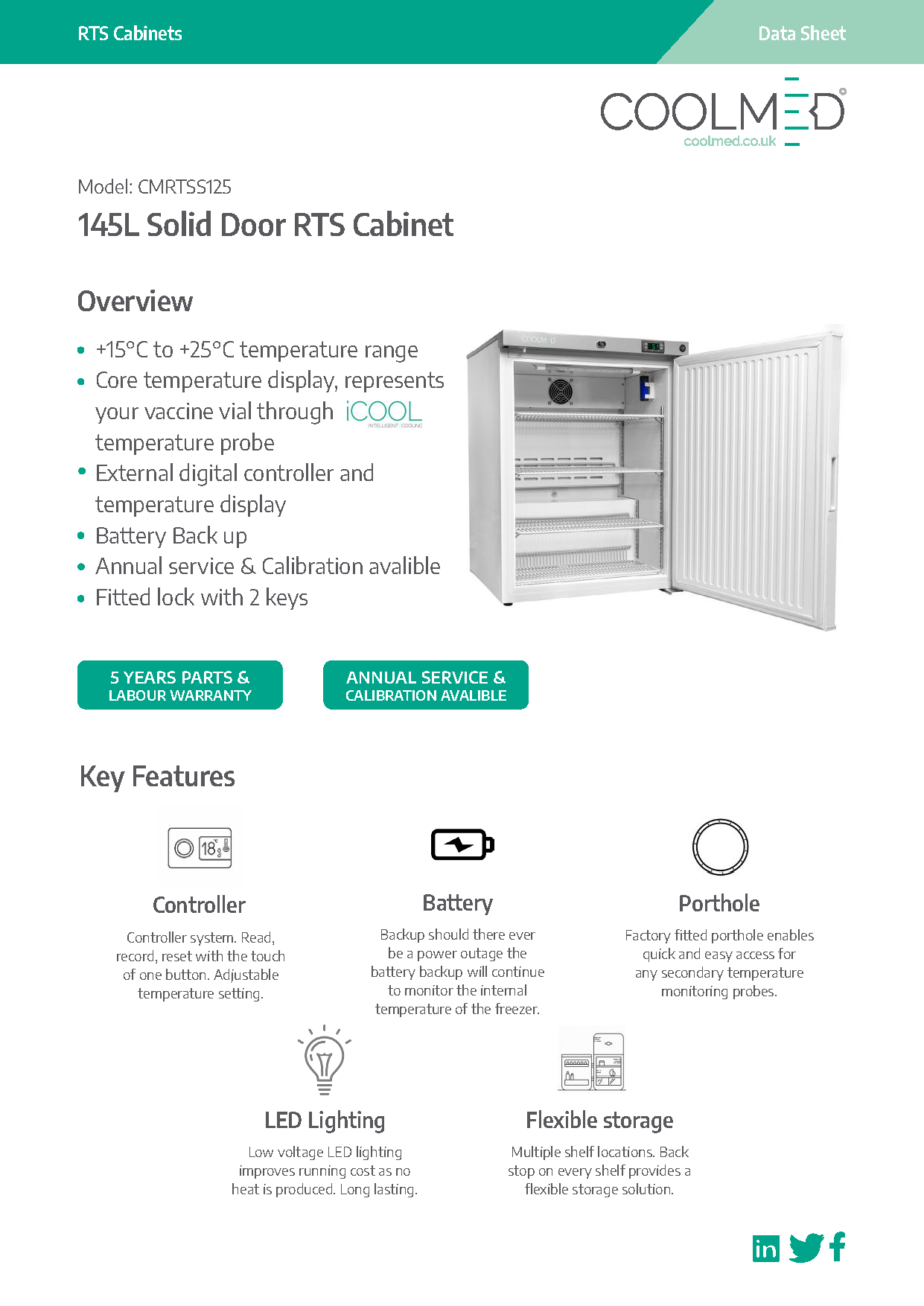 CMRTSS125 Solid Door Room Temperature Storage Cabinet 145L - specifications