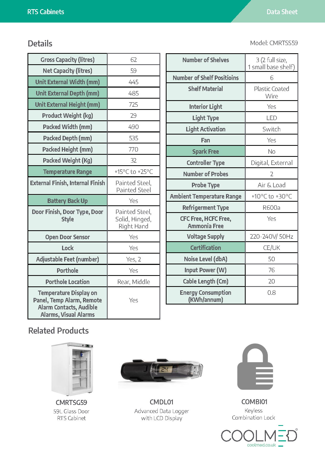 CMRTSS59 Solid Door Room Temperature Storage Cabinet - specification