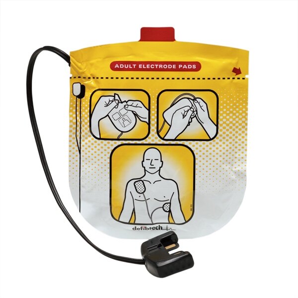 Pack of Defibtech Lifeline View, ECG and Pro adult defibrillator pads with a pair of yellow and black pads visible through the packaging, along with illustrations showing correct placement on a patient.