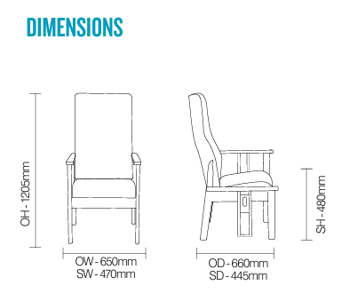 Aylesbury High Back Patient Chair with Drop Arms Navy - measurements