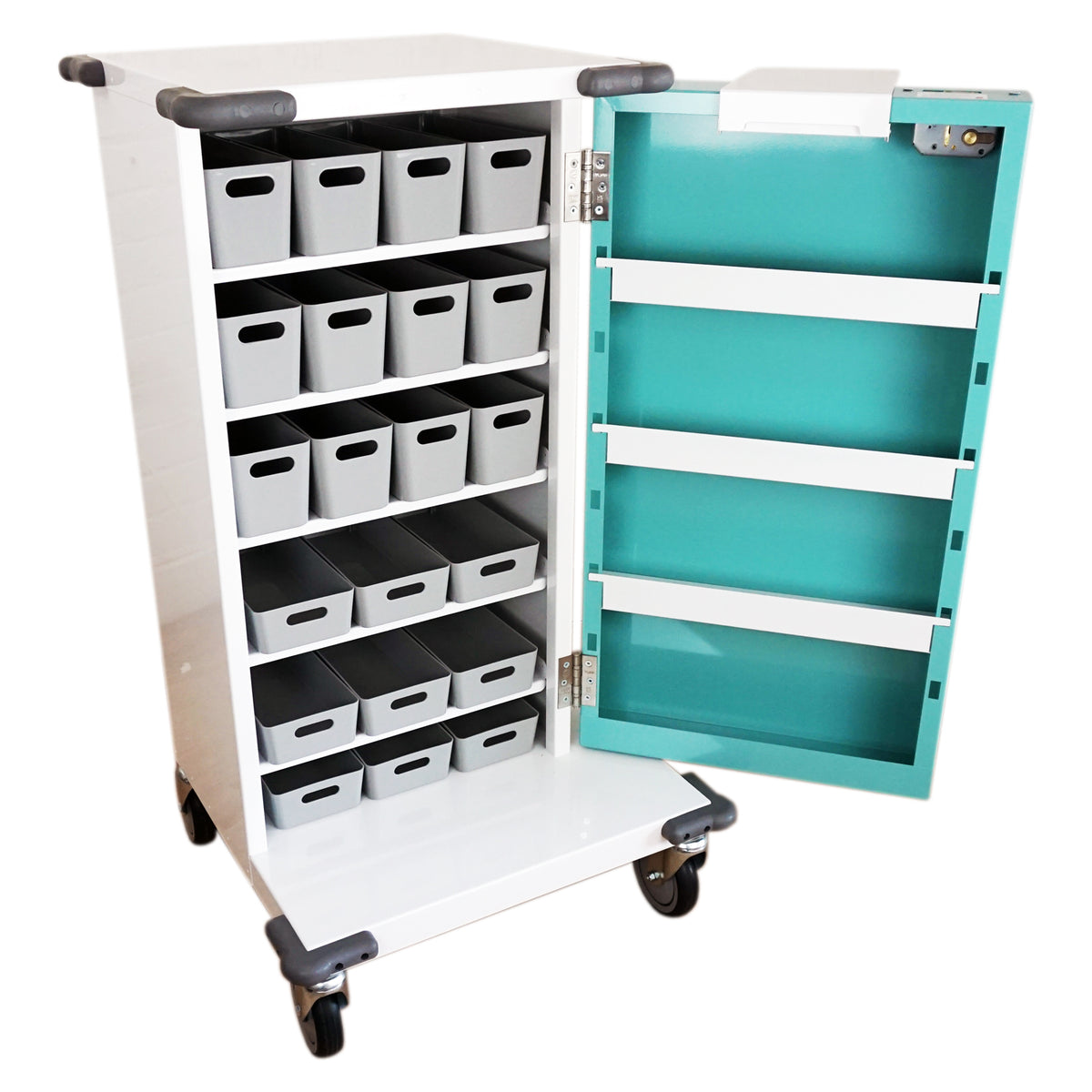 Pharmacy Medical - HECT501 21 TRAY COMPACT UNIT DOSAGE TROLLEY | BLUE PLASTIC TRAYS | SINGLE DOOR / KEY LOCK / PUSH BUTTON KEY CODE LOCK