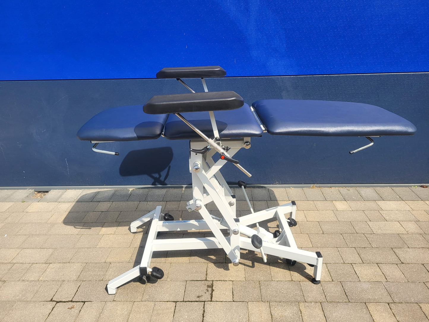 Reconditioned Three Section Electric Phlebotomy Treatment Couch - raised reclined view