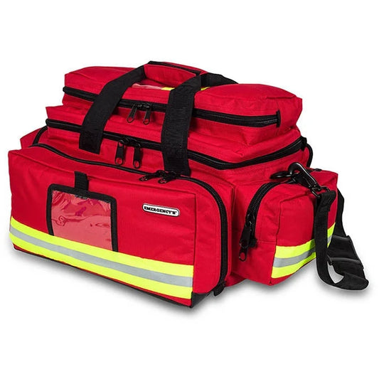 A large red emergency transport bag with black straps and handles, featuring multiple compartments and a transparent pocket, designed to protect and organize medical materials.