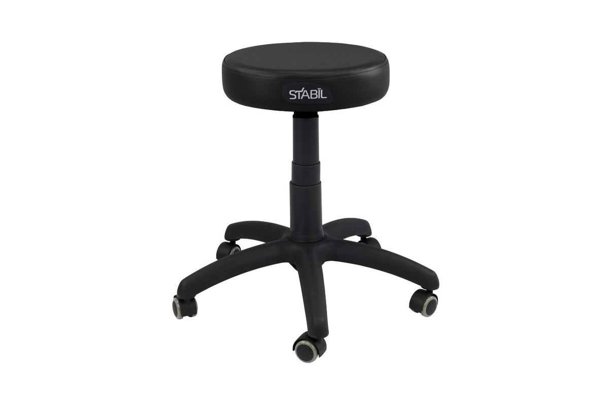 A rolling stool with a black seat and base, featuring a five-caster base for stability and smooth height adjustment mechanism.