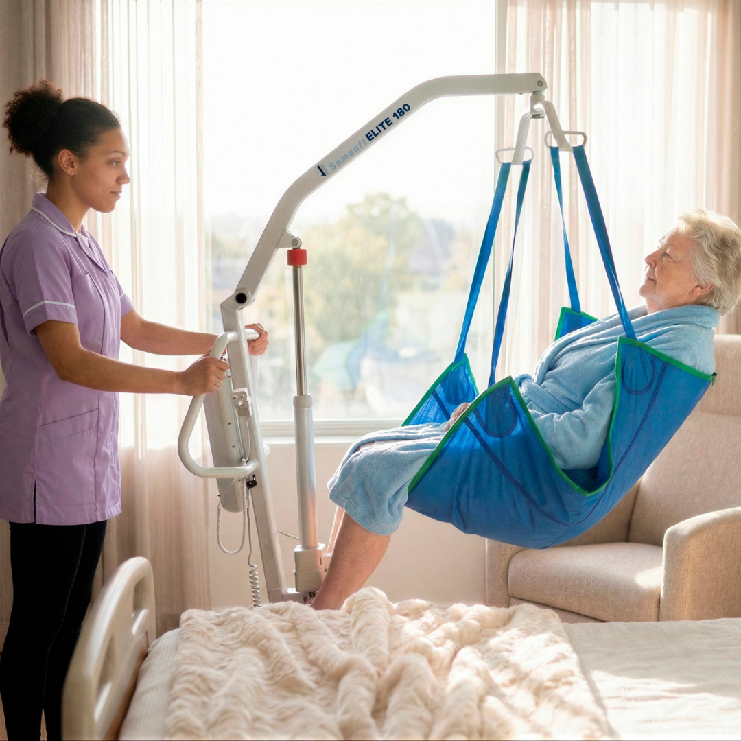 Nurse operating Samsoft 180 hoist on a patient in medical setting