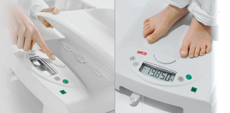 seca 384 - 2-in-1: Digital class III lightweight & portable baby scales & flat scale for toddlers - Approved by the Child Growth Foundation - demonstration