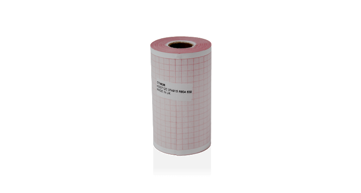 A roll of white ECG paper, thermosensitive for medical use, typically used in ECG machines.