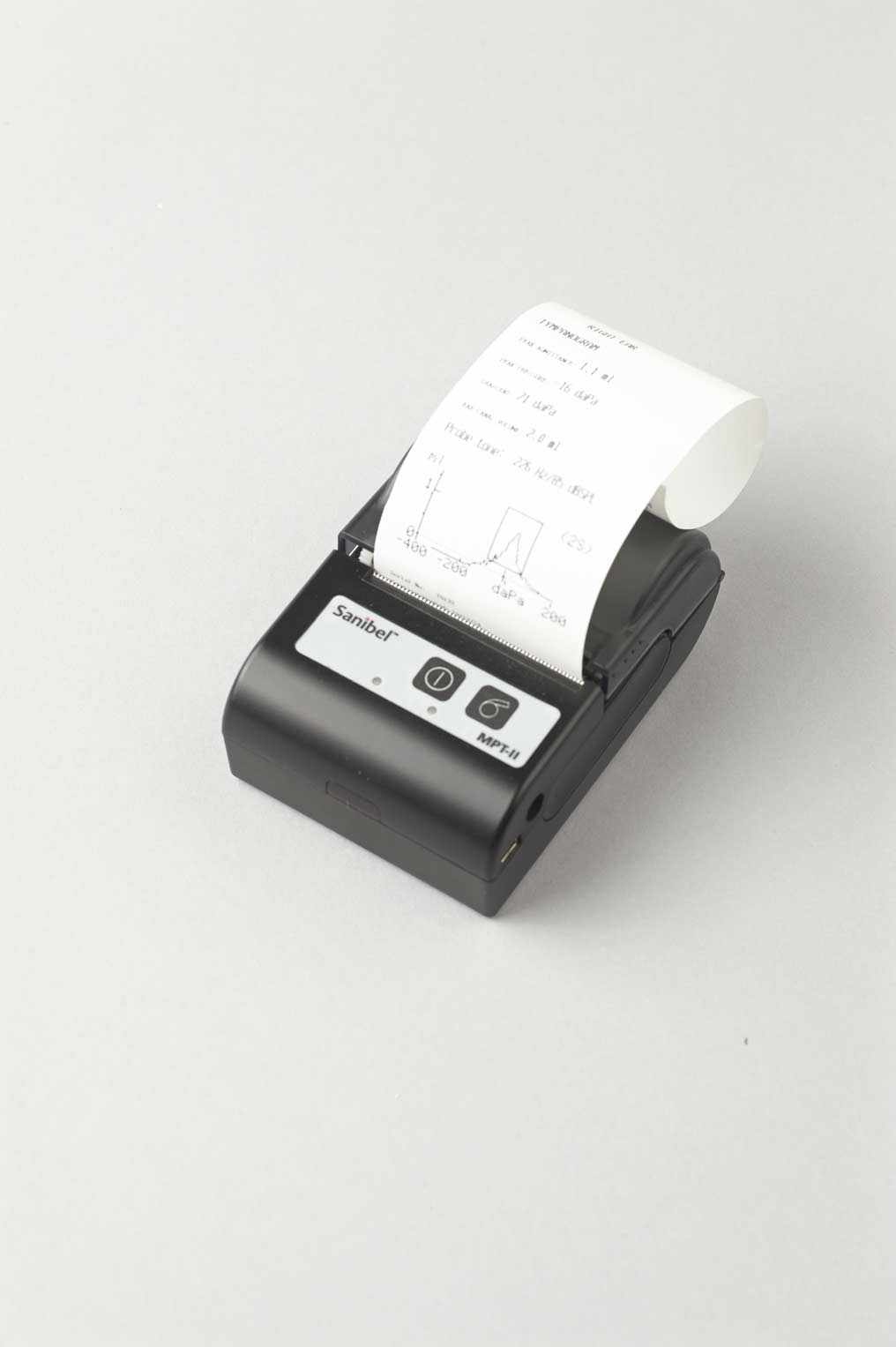 A black Amplivox PT02 Sanibel thermal printer with a piece of paper partially pulled out from the printing slot.