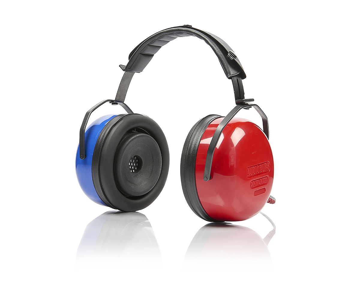 A pair of Amplivox audiocups, which are fitted earphones for use with audiometers, displayed against a white background.