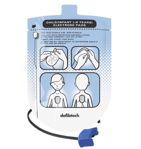 Packaging for Defibtech Lifeline AED and Auto Paediatric Defibrillator Pads showing the product and its use on a childbirth graphic.