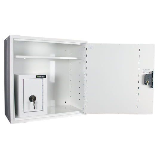 HECCMC200A MEDICINE / DRUGS CABINET 600 X 600 X 300mm | SINGLE DOOR, 2 FULL DEPTH SHELVES | R/H HINGE - with internal: CONTROLLED DRUGS CABINET S, M or L | 1 SHELF (Removable) | R/H HINGE - internal view