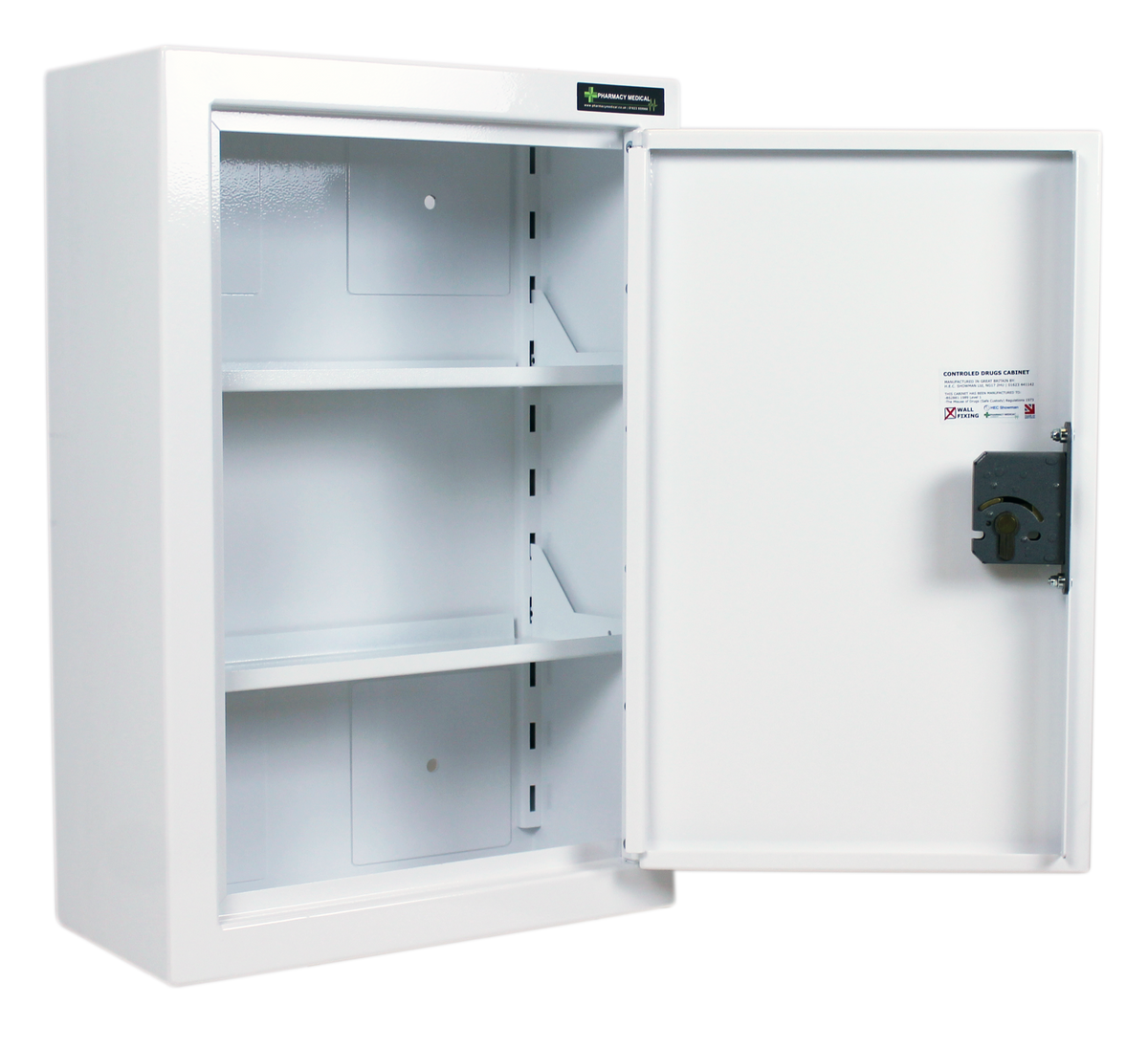 Pharmacy Medical - HECDC1012 CONTROLLED DRUGS CABINET | 2 SHELVES (Adjustable) | R or L HINGE, optional warning light - internal view