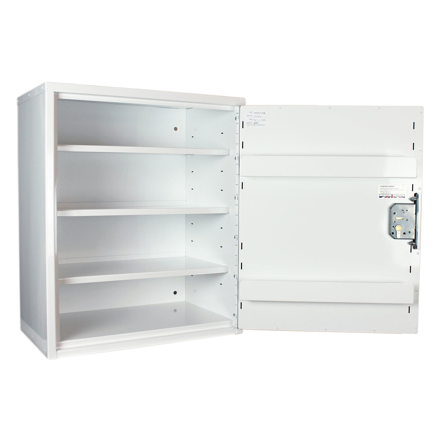A white medical cabinet with three internal shelves and two door shelves, with a lock mechanism on the right door.