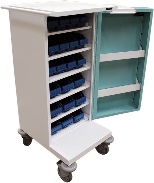 Pharmacy Medical - HECT501 21 TRAY COMPACT UNIT DOSAGE TROLLEY | BLUE PLASTIC TRAYS | SINGLE DOOR / KEY LOCK / PUSH BUTTON KEY CODE LOCK