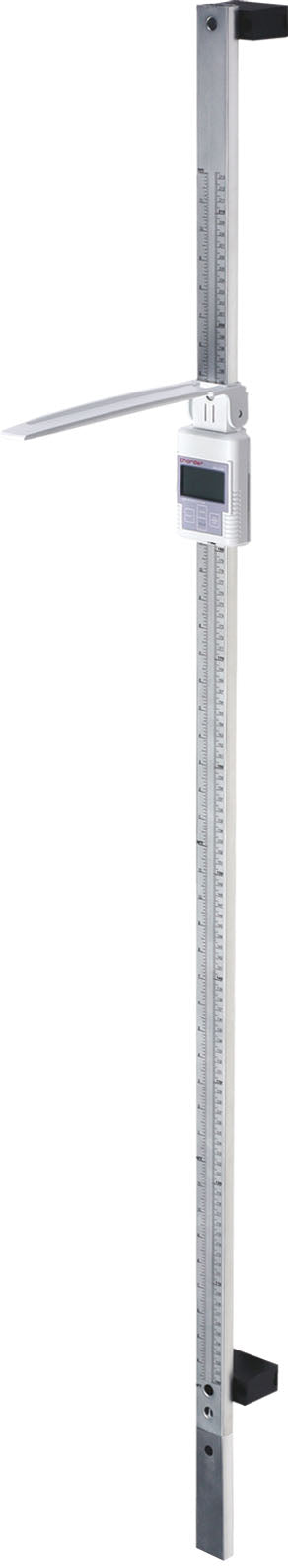 A wall-mounted digital height measure with a metallic finish and a digital display.