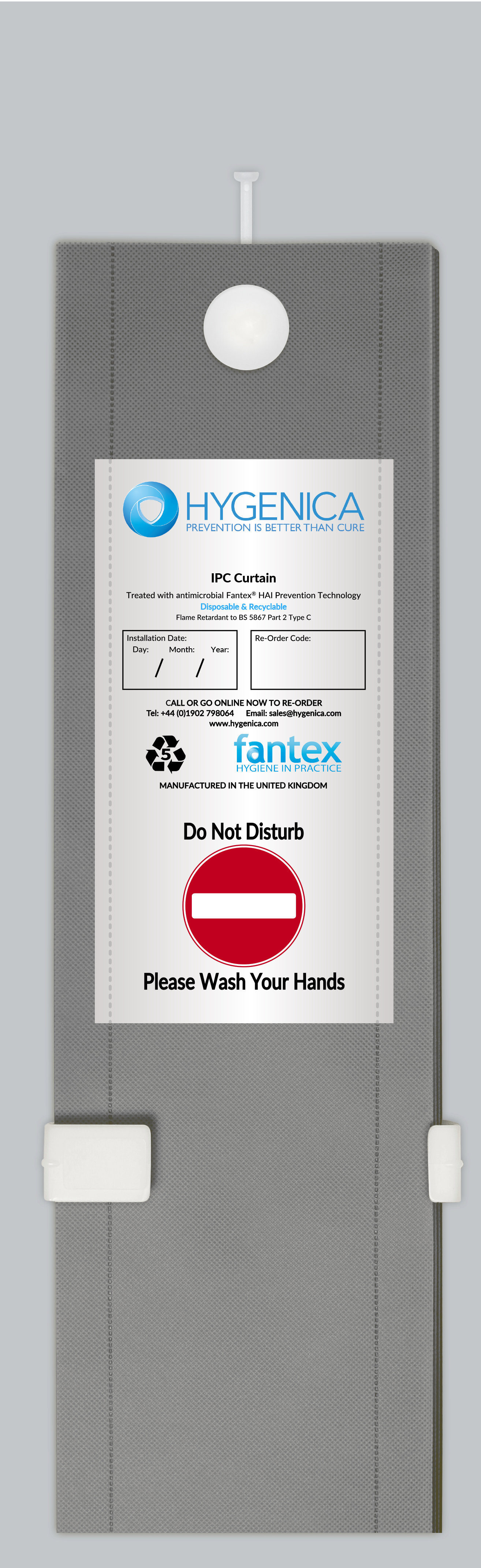 Hygenica - Anti Microbial Treated Fantex® IPC Disposable Cubicle Curtain - large (7500mm x 2000mm) , multiple hook options - grey