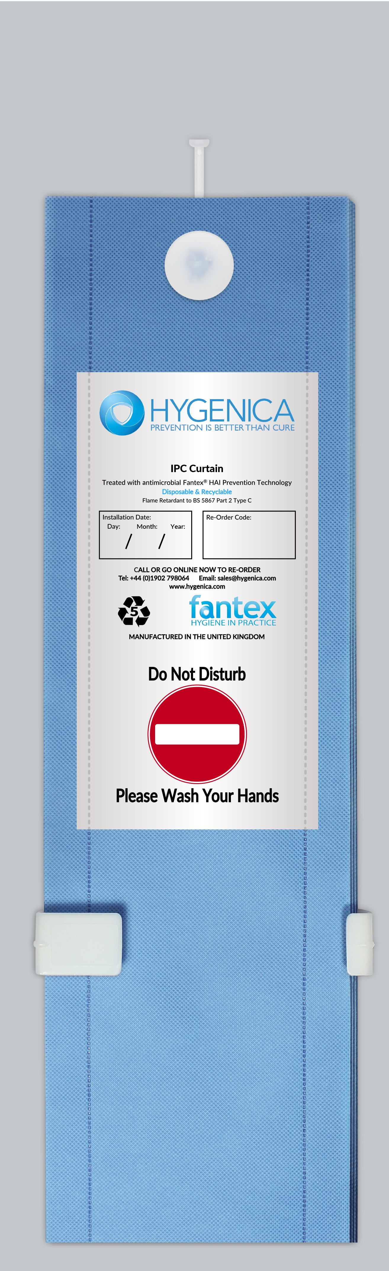 Hygenica - Anti Microbial Treated Fantex® IPC Disposable Cubicle Curtain - large (7500mm x 2000mm) , multiple hook options - blue