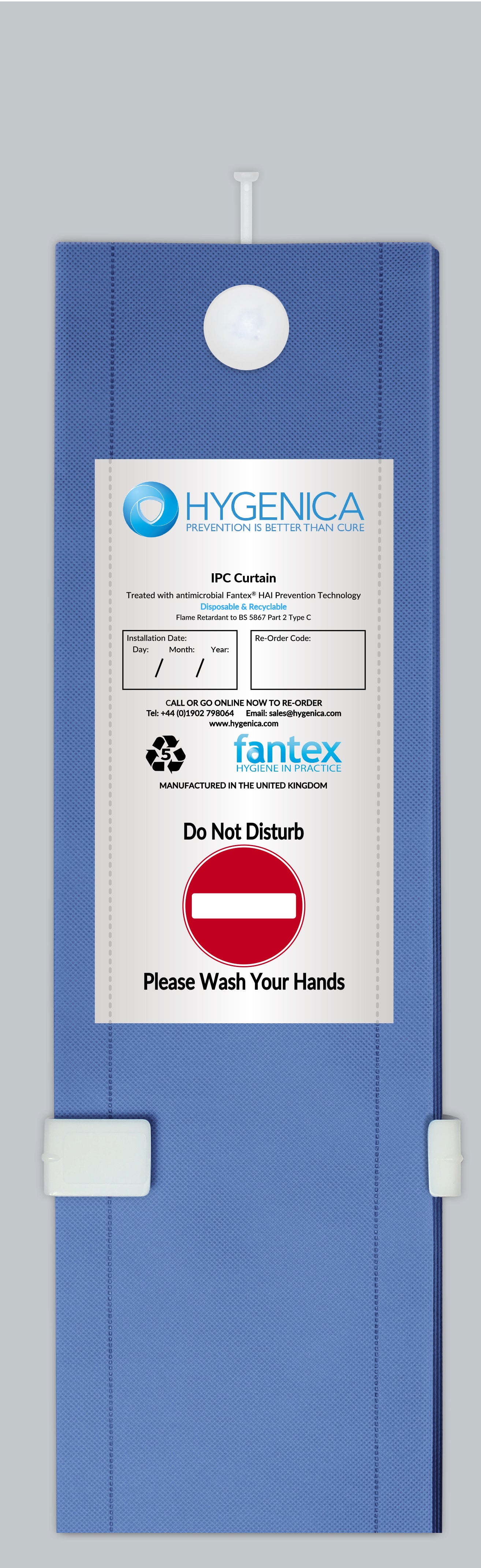 Hygenica - Anti Microbial Treated Fantex® IPC Disposable Cubicle Curtain - large (7500mm x 2000mm) , multiple hook options - blue