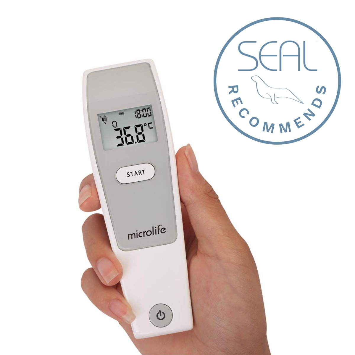 Microlife NC150 Infrared Non Touch Thermometer held in hand showing digital display with temperature reading.