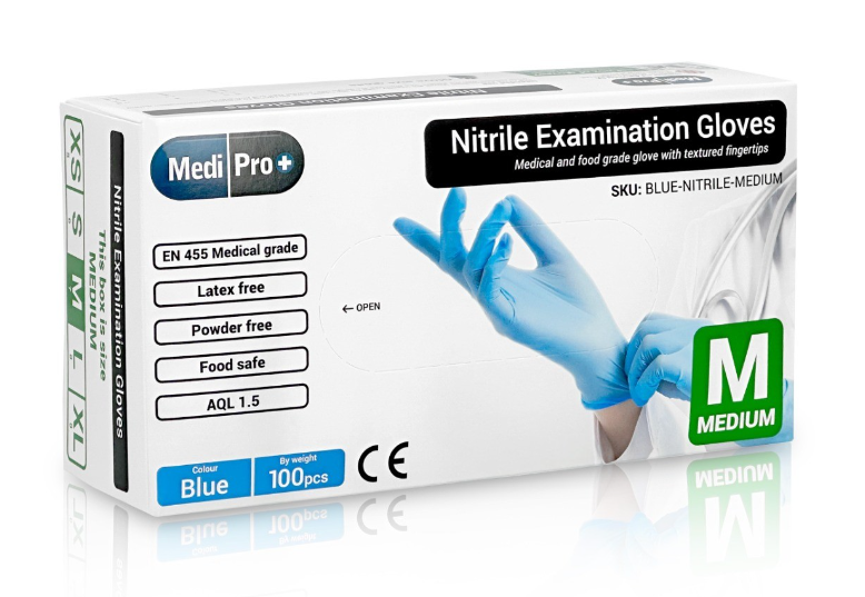 A box of Medium grade blue nitrile examination gloves, with a visual of the gloves on a person's hand, indicating the gloves are powder-free and latex-free.