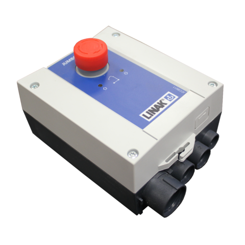 Battery control box with emergency cut-out, predominantly white with a red button and black connectors, labeled 'LINAK GB'.