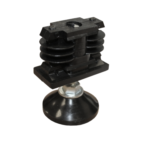 A black plastic adjustable foot designed for leveling couches on an uneven surface, compatible with Plinth 2000 and Plinth Medical Retractable Couch bases.