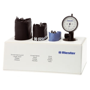 A Riester R1 Shock-Proof Aneroid Sphygmomanometer set with a white scale and blue pointer, including three cuffs for different age groups, displayed in a desk tidy.
