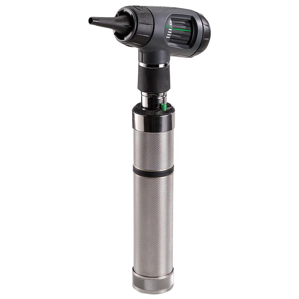 A Welch Allyn MacroView Otoscope with a silver body and black details, including a tip grip.