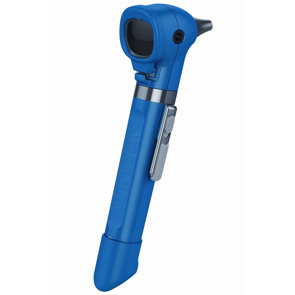 A blue Welch Allyn Pocket Plus LED Otoscope with a dropside design and a circular LED light on top.