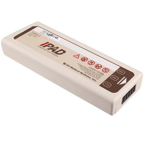 A beige rectangular iPAD SP2 rechargeable battery with labeling and warning symbols on the top surface.