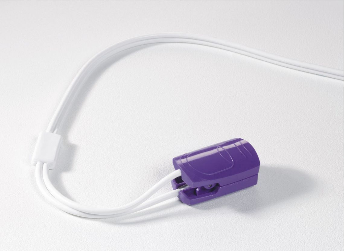 A purple paediatric finger sensor for the MiniPulse Pulse Oximeter, connected to a white cable.