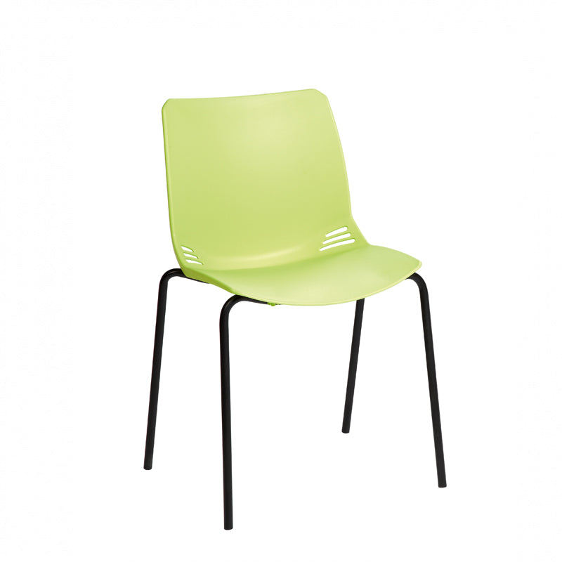 A modern visitor chair with a one-piece moulded polypropylene seat in a pale green colour, black frame, and four legs.