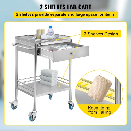 2-Layer Lab Medical Cart with Upper Drawer Stainless Steel Max Load 100kg