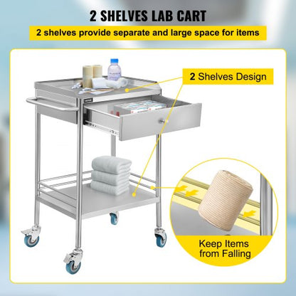 2-Layer Lab Medical Cart with Upper Drawer Stainless Steel  Max Load 100kg