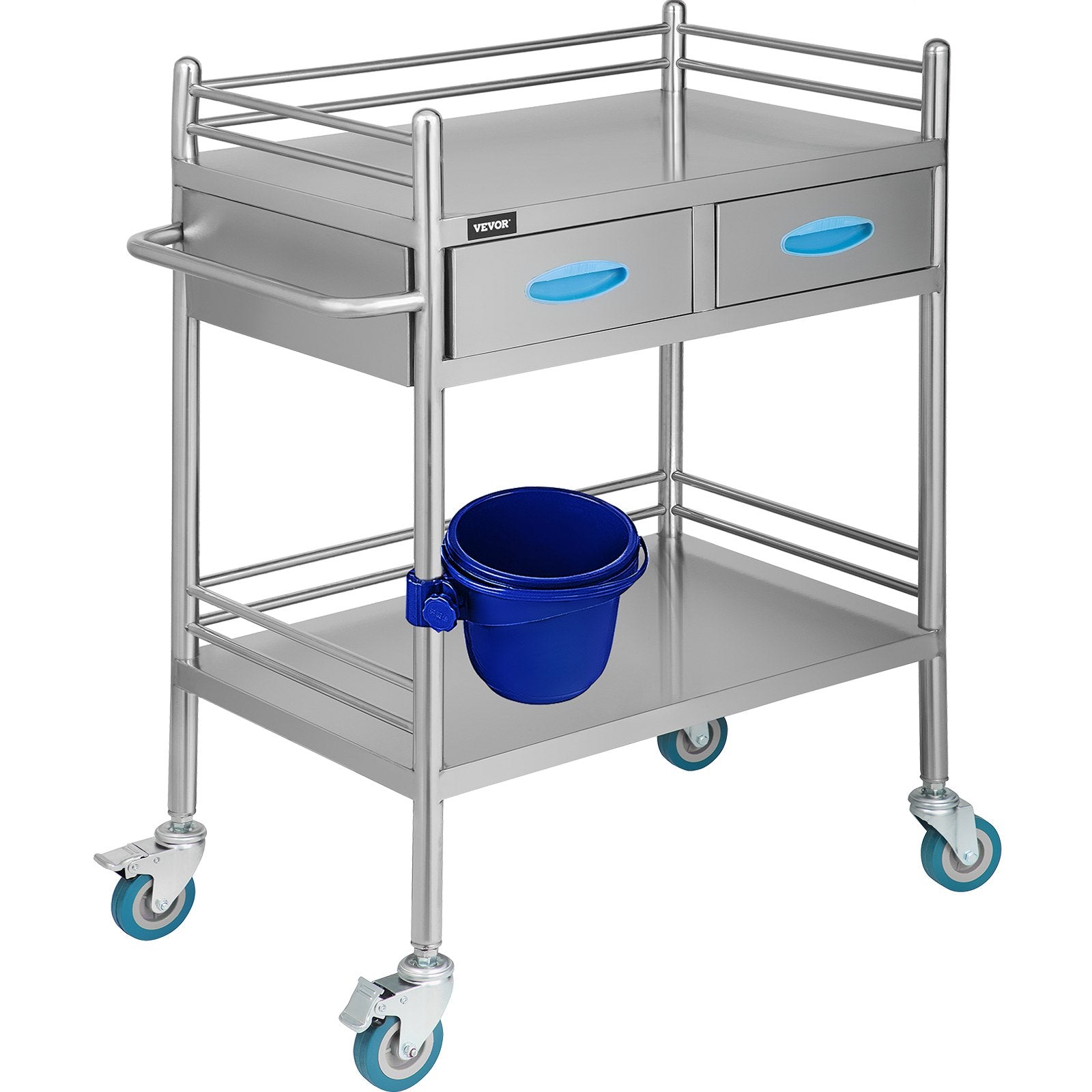 A silver lab medical cart with two drawers, shelves, and equipped with swivel casters.