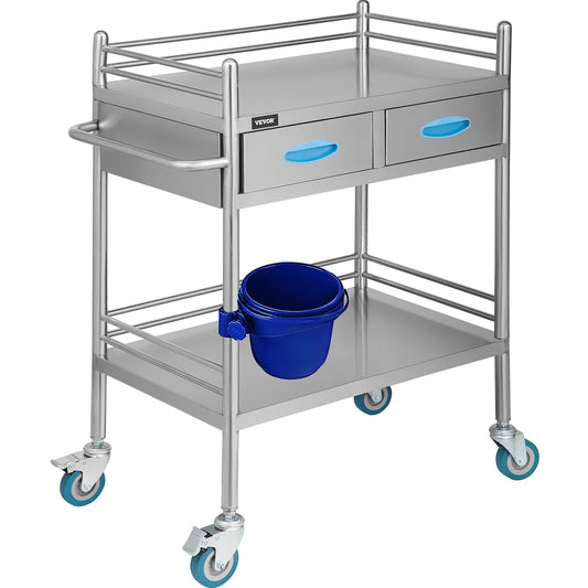A silver lab medical cart with two drawers, shelves, and equipped with swivel casters.
