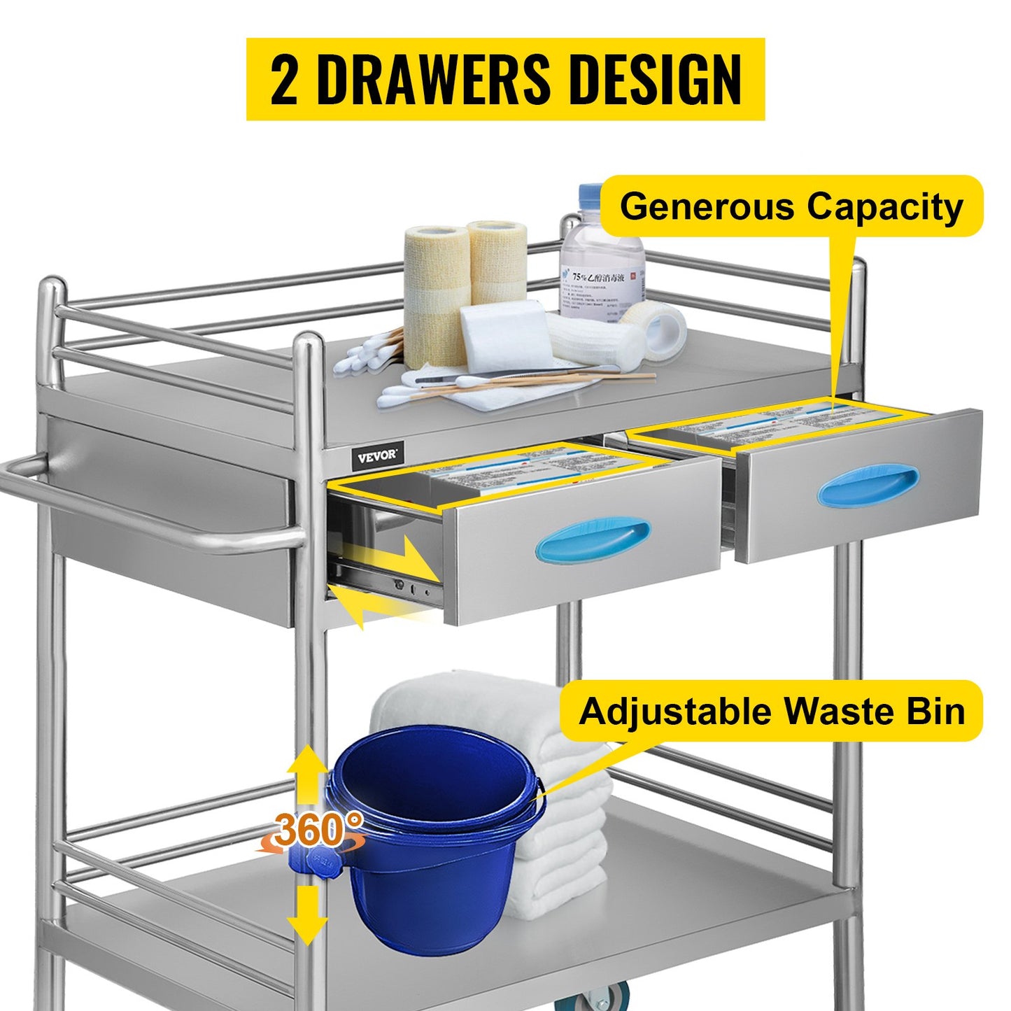 2-Layer Lab Medical Cart with 2 Drawer Stainless Steel Max Load 80kg