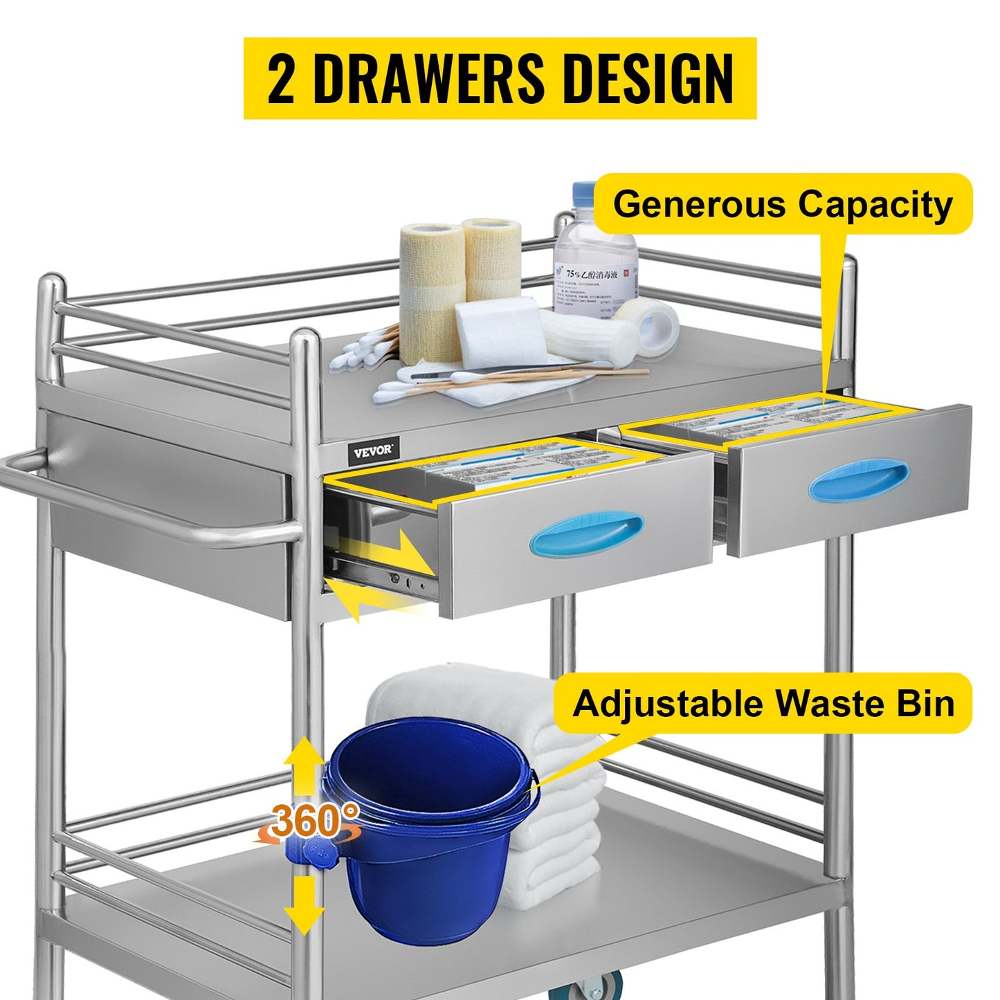 2-Layer Lab Medical Cart with 2 Drawer Stainless Steel  Max Load 80kg