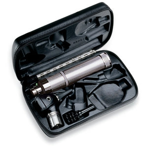 Welch Allyn fibre optic diagnostic otoscope with C-Cell handle and case, displayed with its various components inside the black case.
