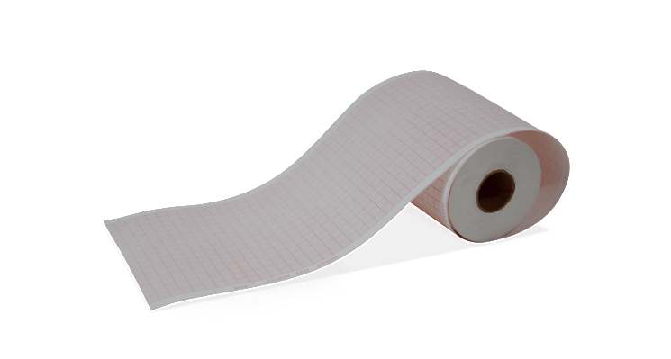 A roll of white ECG paper, thermosensitive for medical use, typically used in ECG machines.