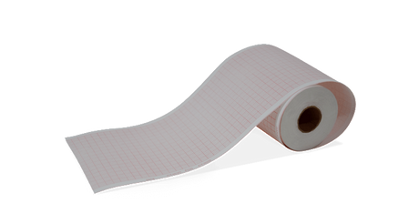 A roll of white ECG paper, thermosensitive for medical use, typically used in ECG machines.