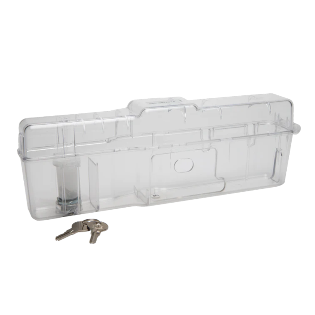 Clear plastic bodyguard T Mckinley T34 lock box with a key on a white background