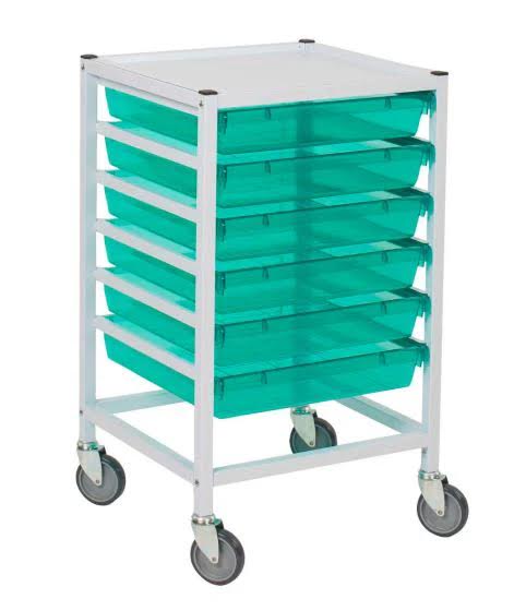 Classic Low Single Fixed Runner White Trolley 6 Shallow Antimicrobial GREEN Trays (Assembled)