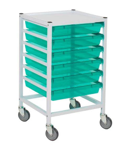 Classic Low Single Fixed Runner White Trolley 6 Shallow Antimicrobial GREEN Trays (Assembled)