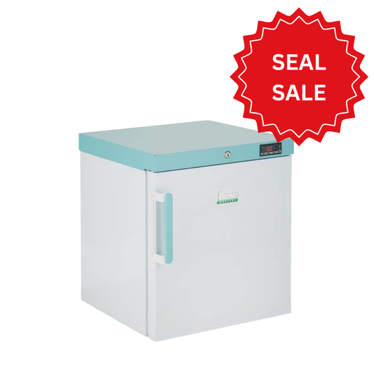 White LEC Medical Vaccine refrigerator with a red 'SEAL SALE' label on a white background 444411287