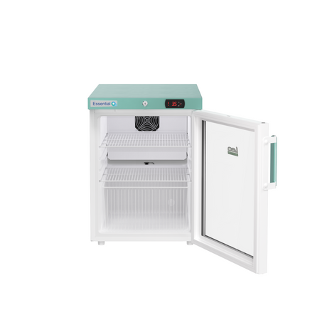 LEC Medical 444411891 glass door vaccine refrigerator with door open on a white background